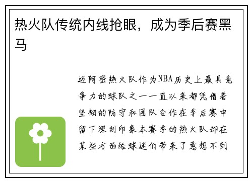 热火队传统内线抢眼，成为季后赛黑马